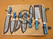 Custom Handmade Damascus Steel Kitchen Knife Set 7 Pieces With Leather Sheath