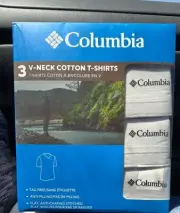 Columbia Men's 3 Pack White T Shirt V Neck S. Sleeve 100% Cotton Size Large Sm.