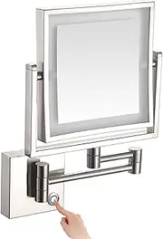 Touch Stepless Dimming LED Lighted Makeup Mirror, Square Wall Mount LED Lighted Makeup 3X Magnifying Cosmetic ，360 Degree Swivel Two-Sided Extendable 8 Inch Rectangle Extendable Arm