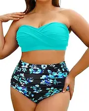 [Yonique] Women Plus Size Two Piece Swimsuits High Waisted Bathing Suits Bandeau Bikini Tummy Control Swimwear