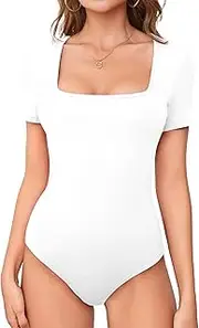 [LAOLASI] Women's Short Sleeve Bodysuits Square Neck Stretchy Slim Fit Body Suit Jumpsuit Tops