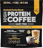 MariGold High Protein Collagen Coffee - Vanilla Collagen Latte Flavor | Dairy Free, 20g Grass-Fed Type I & Type III Collagen Peptides, 2 Shots Organic Espresso, Non-GMO | 1 Lb Bag - 15 Servings