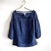 NWT Diane von Furstenberg Silk Peasant Blouse Navy Balloon Sleeves, Women 6