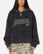[MITCHELL & NESS] Mitchell & Ness Los Angeles Lakers Distressed Rhinestone Logo Hoodie Faded Black - Size L L Faded Black