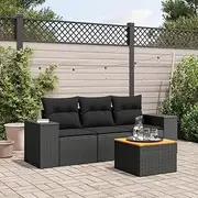 4 Piece Garden Sofa Set with Cushions Black Poly Rattan, Outdoor Patio Furniture Set with Acacia Wood Table, UV-Resistant, Modular Design for Backyard, Porch, Balcony, Deck, or Garden Seating