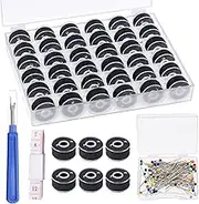 Tanstic 36Pcs Black Prewound Bobbins, Size A Prewound Bobbin Thread with Bobbin Case, 100Pcs Sewing Pins, Seam Ripper, Ruler for Embroidery and Sewing Machines