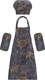 AIXIWAWA Kids Apron Chef Hat Set, Child Kitchen Bib Aprons Adjustable for Cooking Baking Painting (Hand Drawn Turtles)