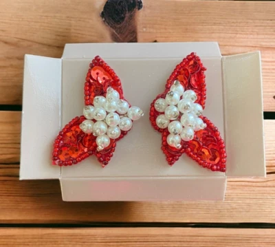 Vintage Avon Sequin Sparkle Earrings Red White Pierced Stud 1991