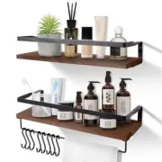 2-Tiers Rustic Floating Wall Mounted Storage Shelves with Towel Bar and 8 Hooks