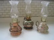 Authentic Totally Handmade Handcarved Brass Copper Oil Kerosene Lamp Vintage
