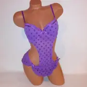 Rampage Lingerie Bodysuit One Piece Purple Polka Dots Strappy Lined Cups New