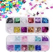 24 Color/set 3D Butterfly Nail Glitter Sequins, Kalolary Splarkly Laser Butterfly Nail Sequin Acrylic Paillettes Holographic Nail Sparkle Glitter Sheets Tips Nail Art Decoration