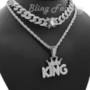 Hip Hop Silver PT Crowned KING w/ 24" Rope Chain & 18" Iced Cuban Necklace Set