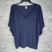 Chicos Flutter Sleeve Knit Top Size 2 US Large Navy Blue Smocked Shoulders