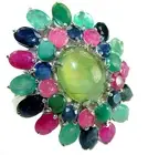 Incredible 45.5 carat Prehnite Ruby Emerald Sapphire . 925 Sterling Silver Ri