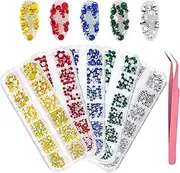 KADS Nail Crystals AB Nail Art Rhinestones 5 Colors Round Beads Flatback Glass Charms Gems Stones 6 Sizes for Nails Decoration Makeup Clothes Shoes (5 Colors+ Tweezer 1)