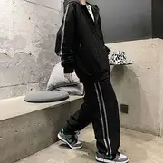 Set: Striped Hooded Zip Jacket + High-Waist Drawstring Harem Pants Set of 2 - Jacket & Pants - Black - 2XL