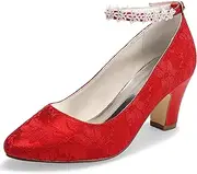 [JIAJIA] 62311A Women's Bridal Shoes Closed Toe 2.7" Chunky Heel Lace Satin Pumps Satin Flower Wedding Shoes