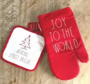 RAE DUNN Red JOY TO THE WORLD Oven Mitt MAKING SPIRITS BRIGHT Potholder Set NEW