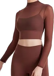 [lijuyip] Womens Tops Mesh Long Sleeve Crop Tops for Women Athletic Gym Double Lined Workout Shirts Cropped Tops with Built in Bra