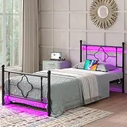 Twin Size Bed Frame with Headboard and Footboard, Classic Metal Platform Bed Frame with Charging Station LED Lights, Heavy Duty Slat Support Metal Bed Frame, No Box Spring Neede, No Noise,Black