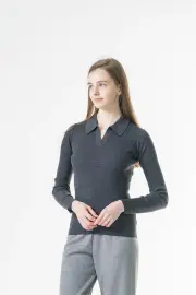 Merinosnug Ribbed Collared Long Sleeve Top – 100% Wool, Light Charcoal / S