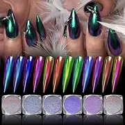 BeauFairy 12 Jars Chrome Nail Powder Kit, Metallic Mirror Effect Holographic Aurora Iridescent Pearlescent Manicure Nail Art Decoration Glitter, Laser Chameleon Rainbow Powder, Ultra Fine Glitter