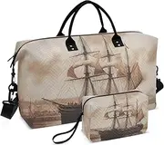 [ZRYSMY] Retro Ship Brown Duffel Bag for Traveling, Travel Bag Gym Bag, with Multiple Interior Pockets Shoulder Weekender Bag for Women Men with Toiletry Bag 20.5L x 1.9W x 13.8H, Multi-Colored, one