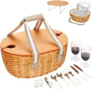 STBoo Picnic Basket for 2 - Wicker Set with Wine 2-person set, Beige
