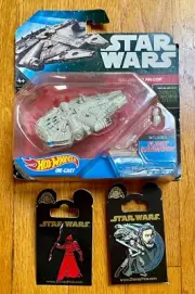 Star Wars Lot: Hot Wheels Millenium Falcon & 2 The Last Jedi Pins