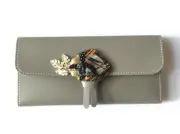 Leather Wallet Grey with Brown AGATE Semiprecious Stone, Rhinestones DESIGNER