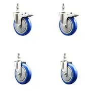 5 Inch 316SS Blue Polyurethane ½ Inch Threaded Stem Caster Set 2 Lock Brake SCC