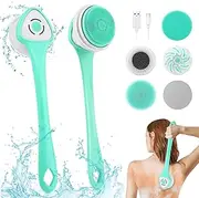 LINGSFIRE Electric Body Bath Brush, Rechargeable Back Brush Long Handle for Shower with 5 Spin Shower Facial Brush Head Waterproof Silicone Body Scrubber Exfoliating Deep Cleansing Brush for Women Men