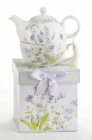 Delton Porcelain Tea for One Gift Set Stacked Teapot & Cup LAVENDER ROSE