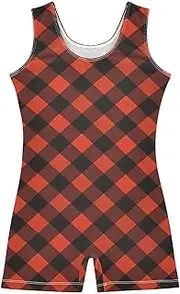 [FRODOTGV] Red and Black Gingham Girls Gymnastic Leotard Soft 1 Piecing Dance Unitards for Dancewear, Tumbling Class, Swimming
