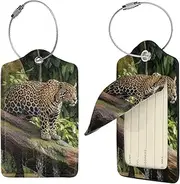 [STVYUKL] Jaguar Cat On Tree Trunk Waterfall Luggage Tags 2 Pcs for Suitcase Waterproof Leather Suitcase Tags Privacy Cover Name Id Label and Metal Loop Baggage Tags for Women Men Travel