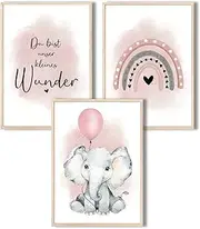 MeinBaby123® I Children's Room Pictures, Set of 3, DIN A4 Poster Set, Wall Pictures, Children's Room Poster, Decorative Pictures, Children's Room Girls and Boys, Premium Wall Poster (Elephant & Balloon Pink)