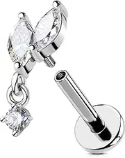[OUFER] 16G Vine Tragus Piercing Internally Threaded Dangle Helix Stud Stainless Steel 316L Cartilage Ring Clear CZ Conch Lobe Earring 6 mm Flat Back Earring For Women