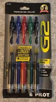 Pilot G2 Gel Roller Ball Pens 0.5mm Extra Fine Red Green Blue Black Inks 5 Pk