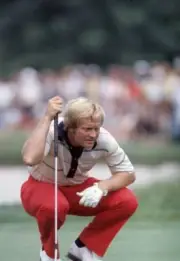Jack Nicklaus lining up putt during Sunday play at Oakmont C - 1973 Old Photo