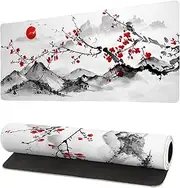 Japanese Cherry Blossom Gaming Mouse Pad 27.6x11.8 Inch Pink Full Desk Japanese Sakura Gaming Mouse Pad Large Non-Slip Rubber Base Waterproof Big Keyboard Mat with Stitched Edges for Gaming Office