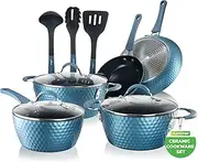 Nutrichef NCCW11BD Nonstick Cookware Excilon | Home Kitchen Ware Pots & Pan Set with Saucepan, Frying Pans, Cooking Pots, Lids, Utensil PTFE/PFOA/PFOS Free, 11 Pcs, Royal Blue