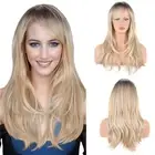 Blonde with Dark Roots ombre Wigs With Bangs,Long Wavy Straight Wigs for Women