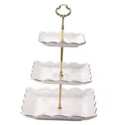 3-Tier Square Porcelain Cake Stand, White Rimmed with Gold Embossed Cupcake