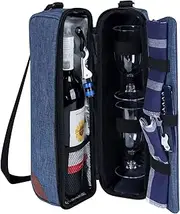 [ALLCAMP OUTDOOR GEAR] ALLCAMP Wine Tote Bag with Cooler Compartment，Picnic Set Carrying Two Sets of Tableware（Blue）