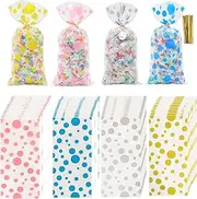 Christmas Cellophane Bags, 100pcs Clear Treat Favor Plastic bags Transparent, Christmas Plastic Bags Sweets Bags with 100 Twist Ties for Cookies Sweet Cakes Candies Birthday Party
