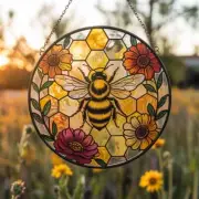 HoneyBee Stained Glass Suncatcher – Honeycomb Floral Window Hanging Handmade