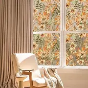 QUCHENG Window Film Stained Glass Clings Vintage Floral Privacy Decals Living Room Sun Blocking Decor Removable Static Large Autumn Stickers DIY Decorations