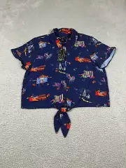 Disney Pixar Coco Shirt Womens XXL Blue All Over Print Rayon Hawaiian Crop Top
