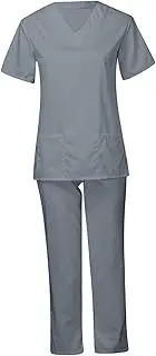 [Colaxi] Women Scrubs Set Scrubs Top and Pants Work suits Clothes Nursing Uniforms Scrubs for Cosmetology Operating Room Pet Grooming